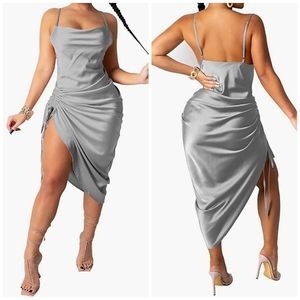 Satin ruched silver dress new size S strech material.
